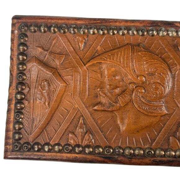 Vintage Wood Jewelry Box Carved Leather Top Roman Guards & Shields Design - Picture 2 of 11